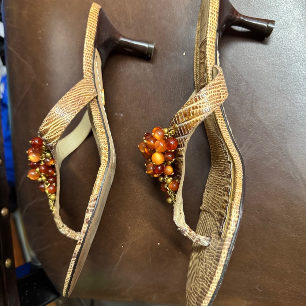 J Vincent Tan and Orange Sandals with Amber  Beadwork - Picture 3 of 5